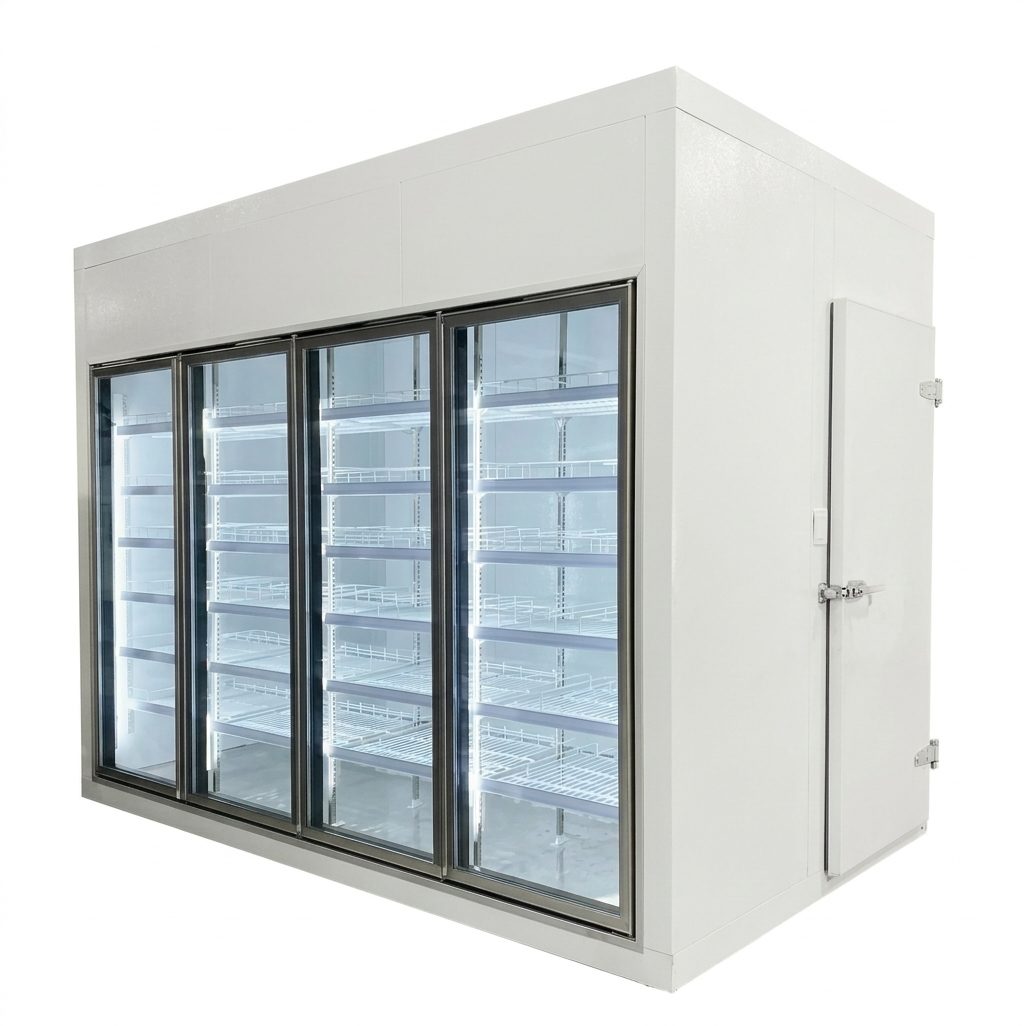 Cámara frigorífica Walk-in Cooler con cuatro puertas vidriadas de exhibición y puerta de servicio lateral