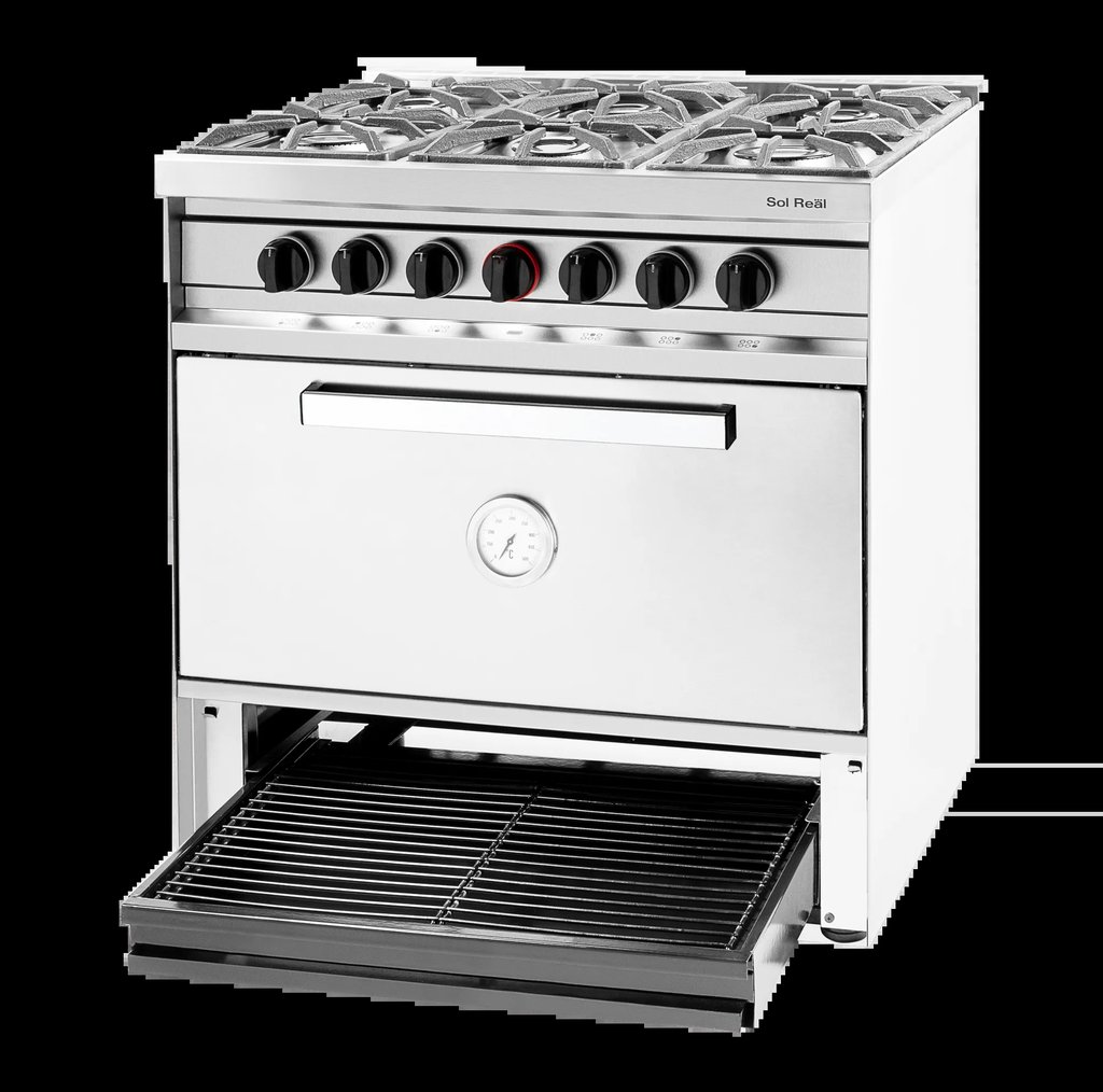 Cocina Mini 6 Hornallas Puerta Acero y Parrilla Sol Real